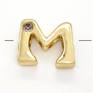 Copper Letter-M Beads Pave Zircon Gold Plated, approx 6-12mm