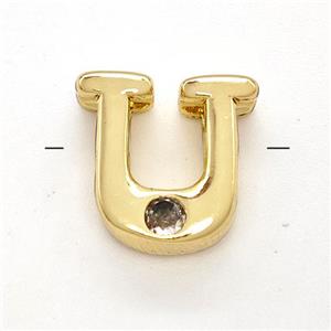 Copper Letter-U Beads Pave Zircon Gold Plated, approx 6-12mm