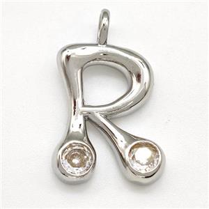 Copper Letter-R Pendant Pave Zircon Platinum Plated, approx 15-18mm