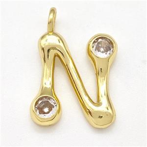 Copper Letter-N Pendant Pave Zircon Gold Plated, approx 15-18mm