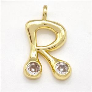 Copper Letter-R Pendant Pave Zircon Gold Plated, approx 15-18mm