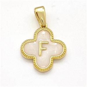 Copper Clover Pendant Letter-F Painted Gold Plated, approx 15mm