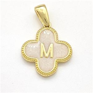 Copper Clover Pendant Letter-M Painted Gold Plated, approx 15mm
