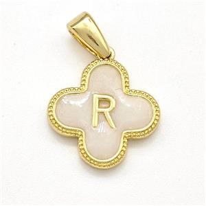 Copper Clover Pendant Letter-R Painted Gold Plated, approx 15mm