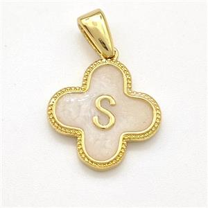 Copper Clover Pendant Letter-S Painted Gold Plated, approx 15mm
