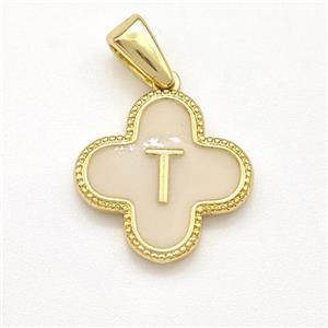 Copper Clover Pendant Letter-T Painted Gold Plated, approx 15mm