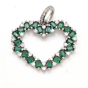 Copper Heart Pendant Micro Pave Green Zirconia Platinum Plated, approx 20-26mm