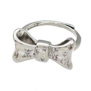 Copper Bow Rings Micro Pave Zirconia Adjustable Platinum Plated, approx 11-20mm, 18mm dia