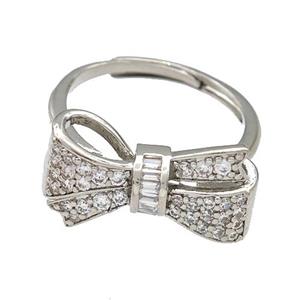 Copper Bow Rings Micro Pave Zirconia Adjustable Platinum Plated, approx 10-20mm, 18mm dia