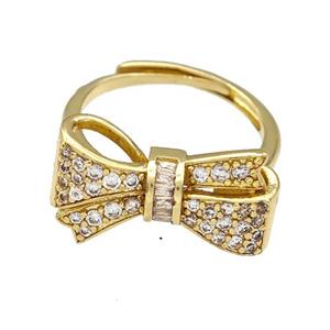 Copper Bow Rings Micro Pave Zirconia Adjustable Gold Plated, approx 10-20mm, 18mm dia