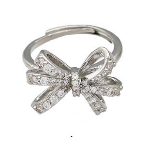Copper Bow Rings Micro Pave Zirconia Adjustable Platinum Plated, approx 14-19mm, 18mm dia