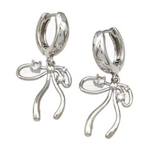 Copper Bow Hoop Earrings Pave Zircon Platinum Plated, approx 18-20mm, 15mm dia