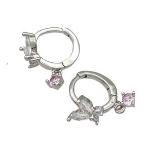 Copper Butterfly Hoop Earrings Pave Zircon Platinum Plated, approx 3mm, 8mm, 12mm dia