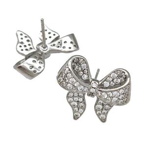 Copper Bow Stud Earrings Pave Zircon Platinum Plated, approx 14-20mm