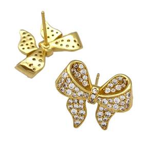 Copper Bow Stud Earrings Pave Zircon Gold Plated, approx 14-20mm