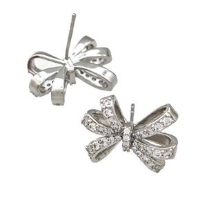 Copper Bow Stud Earrings Pave Zircon Platinum Plated, approx 14-19mm