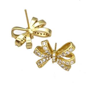 Copper Bow Stud Earrings Pave Zircon Gold Plated, approx 14-19mm