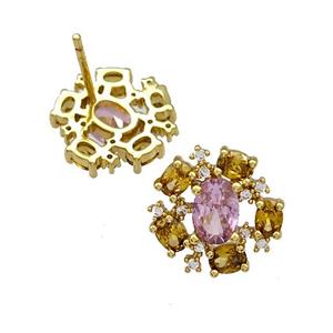 Copper Stud Earrings Pave Zircon Flower Gold Plated, approx 14mm
