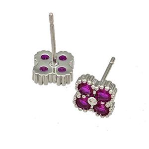 Copper Stud Earrings Micro Pave Fuchsia Zirconia Flower Platinum Plated, approx 8mm