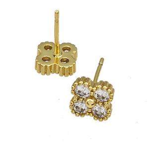 Copper Stud Earrings Micro Pave Zirconia Flower Gold Plated, approx 8mm