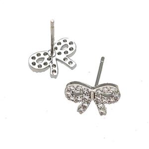 Copper Bow Stud Earrings Pave Zirconia Platinum Plated, approx 7-11mm