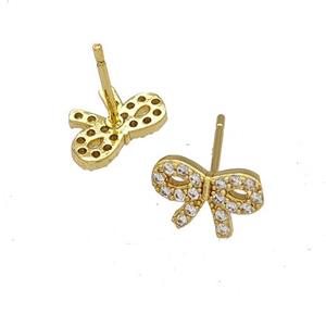 Copper Bow Stud Earrings Pave Zirconia Gold Plated, approx 7-11mm