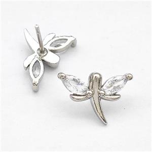 Copper Dragonfly Stud Earrings Pave Zirconia Platinum Plated, approx 10-15mm