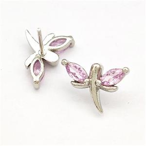 Copper Dragonfly Stud Earrings Pave Pink Zirconia Platinum Plated, approx 10-15mm