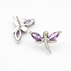 Copper Dragonfly Stud Earrings Pave Purple Zirconia Platinum Plated, approx 10-15mm
