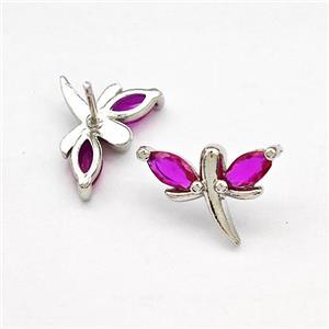 Copper Dragonfly Stud Earrings Pave Fuchsia Zirconia Platinum Plated, approx 10-15mm