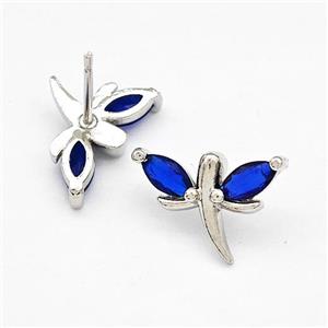 Copper Dragonfly Stud Earrings Pave Blue Zirconia Platinum Plated, approx 10-15mm