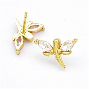 Copper Dragonfly Stud Earrings Pave Zirconia Gold Plated, approx 10-15mm