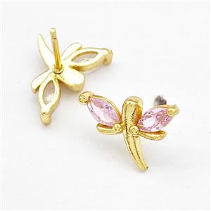 Copper Dragonfly Stud Earrings Pave Pink Zirconia Gold Plated, approx 10-15mm