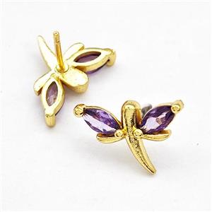 Copper Dragonfly Stud Earrings Pave Puprle Zirconia Gold Plated, approx 10-15mm