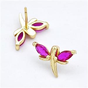 Copper Dragonfly Stud Earrings Pave Fuchsia Zirconia Gold Plated, approx 10-15mm