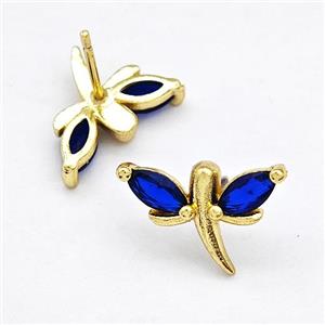 Copper Dragonfly Stud Earrings Pave Blue Zirconia Gold Plated, approx 10-15mm