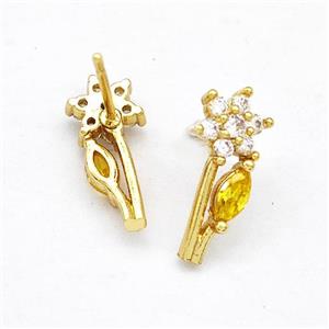 Copper Flower Stud Earrings Pave Zircon Gold Plated, approx 6-15mm