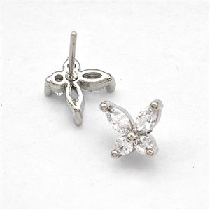 Copper Butterfly Stud Earrings Pave Zirconia Platinum Plated, approx 8mm