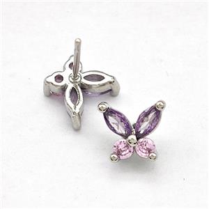 Copper Butterfly Stud Earrings Pave Zirconia Platinum Plated, approx 8mm