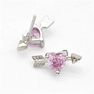 Copper Stud Earrings Pave Pink Zircon Cupids Arrow Heart Platinum Plated, approx 6-14mm