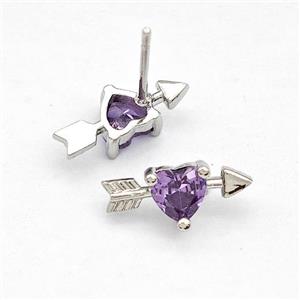Copper Stud Earrings Pave Purple Zircon Cupids Arrow Heart Platinum Plated, approx 6-14mm