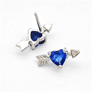Copper Stud Earrings Pave Blue Zircon Cupids Arrow Heart Platinum Plated, approx 6-14mm