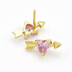 Copper Stud Earrings Pave Pink Zircon Cupids Arrow Heart Gold Plated, approx 6-14mm