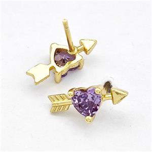 Copper Stud Earrings Pave Purple Zircon Cupids Arrow Heart Gold Plated, approx 6-14mm