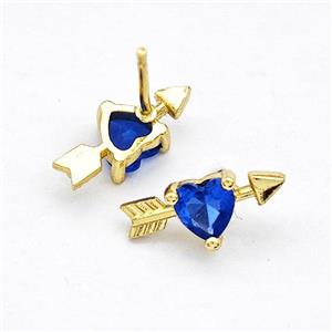 Copper Stud Earrings Pave Blue Zircon Cupids Arrow Heart Gold Plated, approx 6-14mm