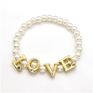Pearlized Plastic Bracelet LOVE Stretchy Gold Plated, approx 10-12mm, 6mm
