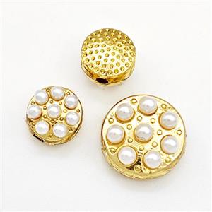 Copper Button Beads Pave Pearlized Resin Coin Gold Plated, approx 12mm