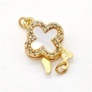 Copper Slider Clasp Pave Shell Zirconia Clover Gold Plated, approx 12mm
