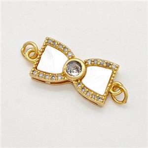 Copper Bow Connector Pave Shell Zirconia Gold Plated, approx 8-14.5mm
