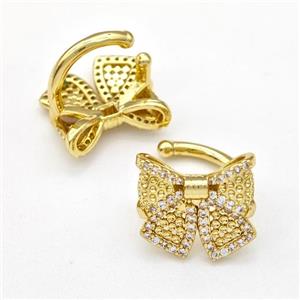 Copper Bow Clip Earrings Pave Zirconia Gold Plated, approx 13-14mm, 13mm dia